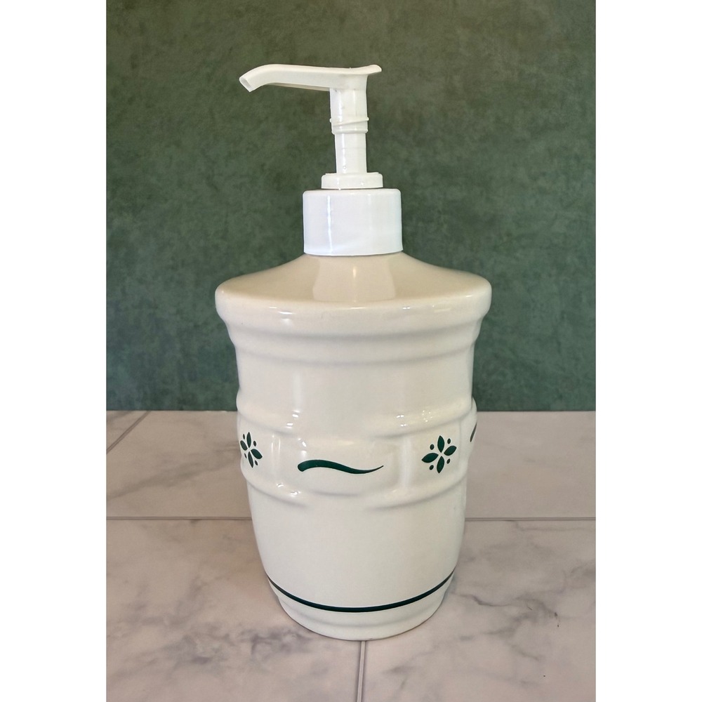 Longaberger Pottery Woven Traditions Ivory Heritage Green Soap Lotion Dispenser